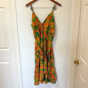 Monteau Los Angeles Linen Floral Dress Belted Summer Vacation Size L NWT Palms
